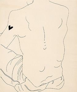A line drawing showing the shoulders and back of a seated man. There is a heart on the man's left arm.