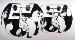 Black and white horizontal silkscreen on canvas featuring two black circles with white $5 in the center. Two body builders lifting a barbell over each of their heads is in the center of each circle, on top of the $5.