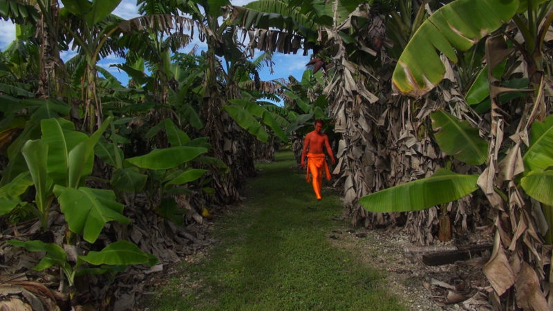 A man in orange body paint and an orange loincloth walks down a grassy path toward the camera. The path cuts through lush, tropical trees and bright blue sky can be seen peaking through the leaves.