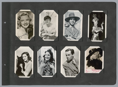 A page from young Andy Warhol’s movie star scrapbook. Two rows of four black and white photographs feature glamorous headshots of both male and female celebrities.