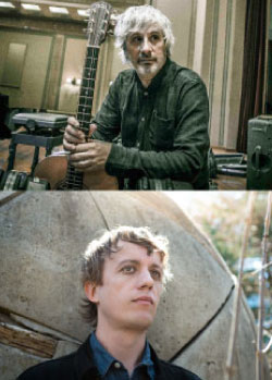This is a composite image. The image on the top is a man with gray hair seated in a theater holding an acoustic guitar. He looks off camera to his left. The image on the bottom is a young man wearing a dark coat and jean shirt leaning against a spherical cement sculpture looking into the distance.