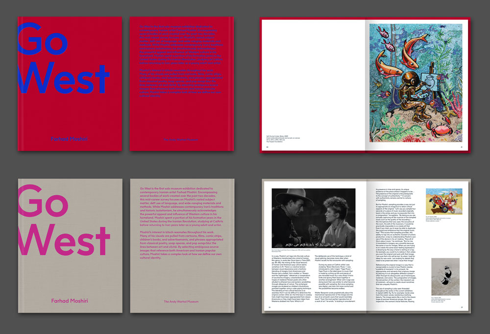 Overhead shots of the Go West publication. One of the covers has a red cover with blue text, while the other has a gray cover with pink text. Two books are spread open to reveal artworks by Farhad Moshiri.