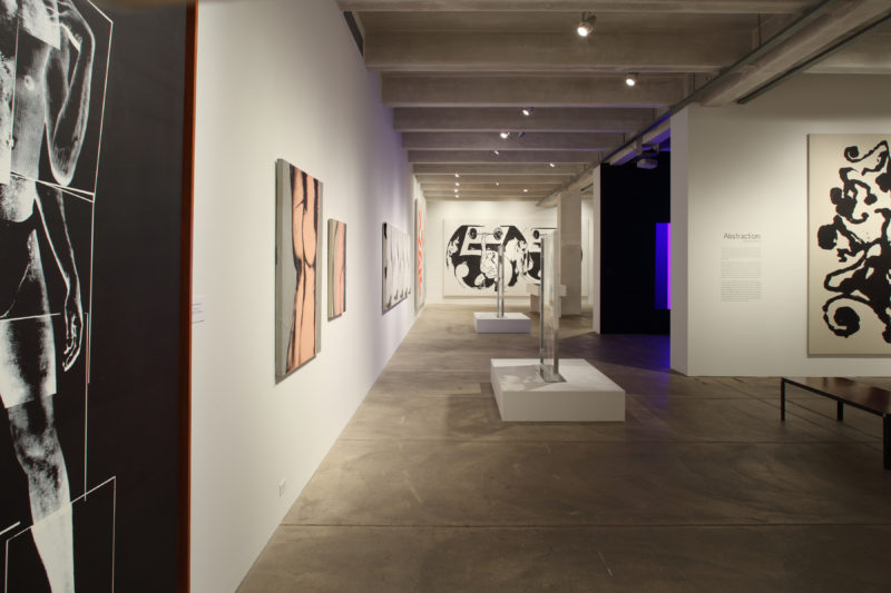 A photograph of the exhibition gallery during the My Perfect Body exhibit. Paintings are hung along the wall on the left hand side of the image, and to the right it is clear that the gallery is divided into rooms.