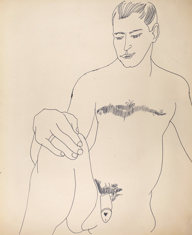 A line drawing of a seated male nude. A small heart has been drawn on the head of his penis.