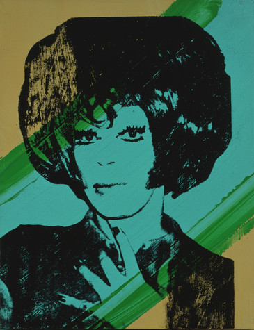 A screen print of a drag queen with a large afro and prominent eyelashes set against a turquoise stripe that runs from the bottom left to the top right of the page and is flanked by smaller streaks of green and mustard yellow.
