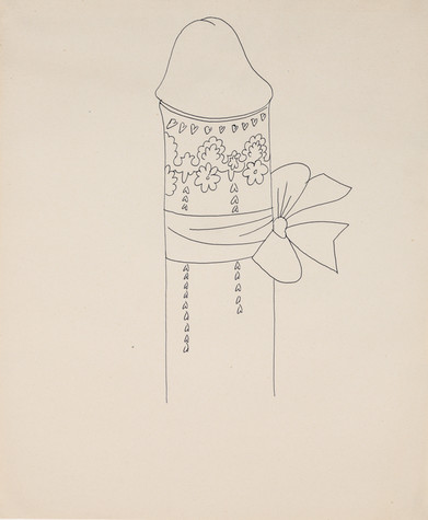 A line drawing of a penis which has been decorated with small hearts and flowers and has a ribbon tied around it in a bow.