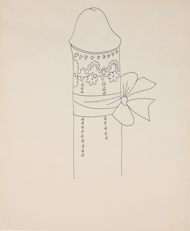 A line drawing of a penis which has been decorated with small hearts and flowers and has a ribbon tied around it in a bow.