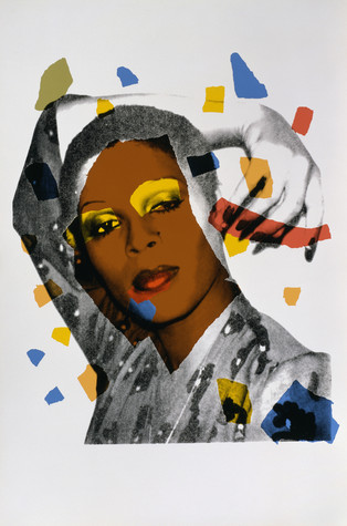 A print of a short-haired drag queen with an arm raised behind her head. Her face is warm brown, highlighted by golden patches of eyeshadow and red lips. Blue, yellow, and red shapes surround her like confetti, and a red bar covers the finger nails of her hand.