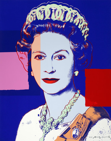 A screen printed portrait of a young Queen Elizabeth II of England Her skin is pale blue, her lips are red, and her royal blue hair blends into the background. Her crown and necklace are pale green, and her sash is orange. A pink square and a red square appear in beside her.