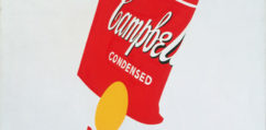 A hand-painted reproduction of a crushed Campbell's beef noodle soup can.