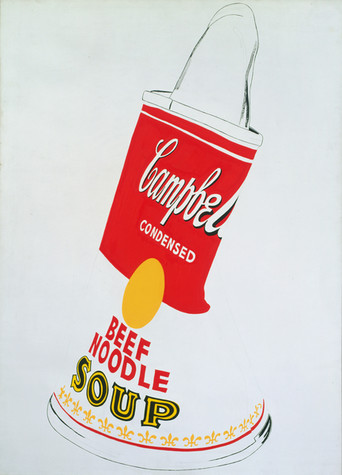 A hand-painted reproduction of a crushed Campbell's beef noodle soup can.