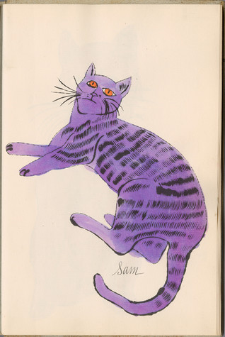 An ink drawing of a purple cat with orange eyes. The name sam is written in script beneath his body.