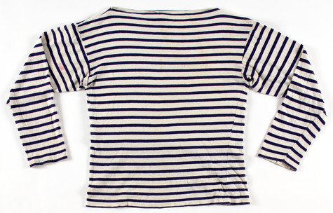 A white sailor-style shirt with black horizontal stripes.
