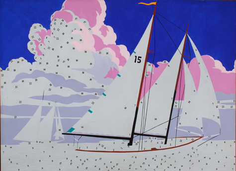 A painting of sailboats mimicking a paint-by-numbers activity. The sky has been filled in deep blue and some of the large bank of fluffy clouds behind the boats have been filled in periwinkle, pale pink, and bubblegum pink. Some detail has also been added to one of the sailboats, but the rest of the image has been divided into sections and marked with small black numbers.