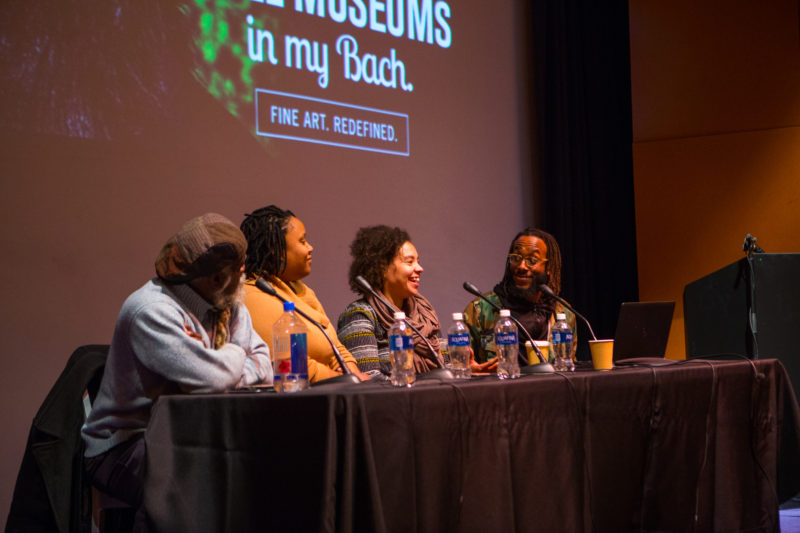 Paradise Gray, Alisha B. Wormsley, and Bekezela Mguni in conversation with moderator D.S. Kinsel during Activist Print: Artists in Dialogue, in March of 2017.