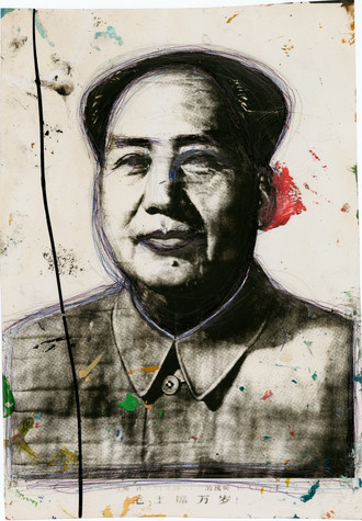 A black and white portrait of Mao on paper that has has been lightly smattered with red, green, and yellow patches of color.