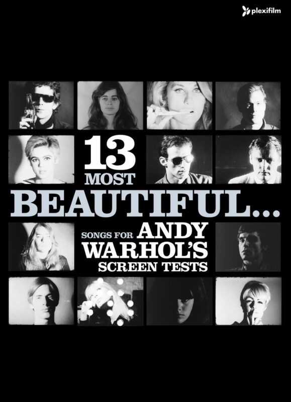 A black DVD cover of a grid of 13 still images from black and white film portraits. The title 13 Most Beautiful...Songs for Andy Warhol's Screen Tests is in the middle.