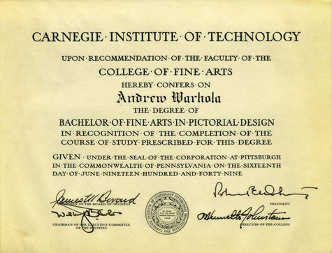 A diploma from the Carnegie Institute for Arts in Pictoral Design awarded to Andrew Warhola.