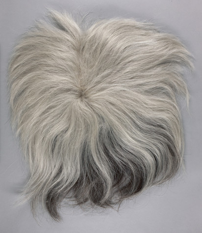 A photograph of one of Andy Warhol's wigs, mostly white with some gray peaking out from underneath.