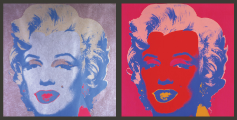 Two screen printed portraits of Marilyn Monroe side by side, one silver and the other red.
