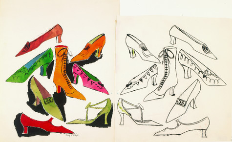 On the right are eight different women’s shoe drawings outlined in black ink on tracing paper. To the left is the mirrored copy of the eight shoes outlined in black ink and colored in using pink, orange, green and red watercolors.