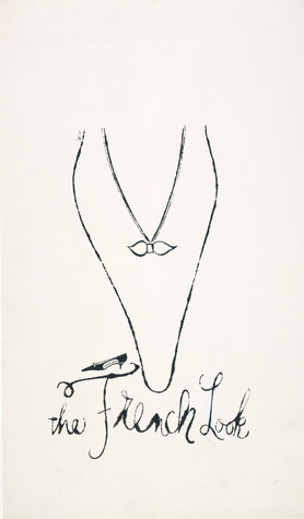 A blotted line drawing showing the pointed toe of a woman’s shoe, which features a small bow. The words The French Look are handwritten beneath the shoe.