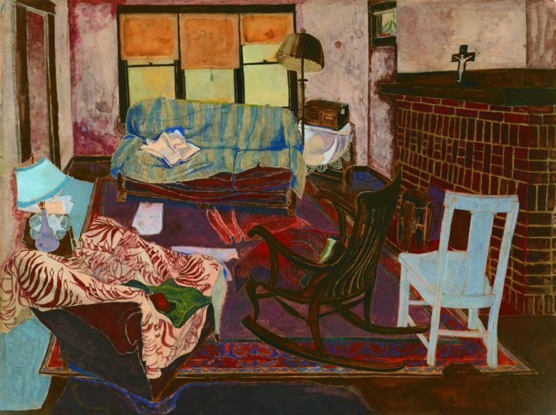 Andy Warhol's painting of a living room, featuring three chairs in the foreground, a couch in the background against three vertical windows with the shades partially drawn, and a brick fireplace on the right.