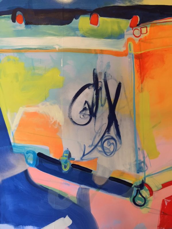 A image featuring an abstract dumpster painted in bright colors and wide brushstrokes.