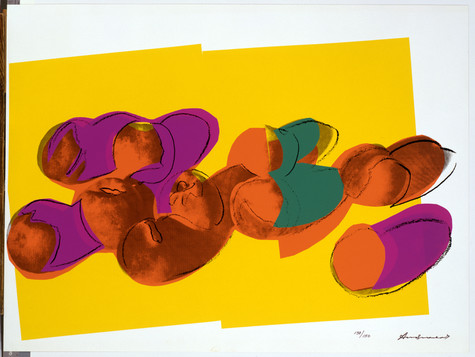 In this screen print, ten small, round fruits are scattered across the screen. They are bright orange, and their shadows are painted deep red, fuscia, and green. The background contains a pair of large yellow squares slightly to the left of center, and otherwise it is white.