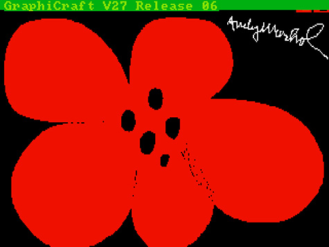In this digital piece, a large, red flower is pictured against a simple black background. Andy Warhol’s signature appears in white in the upper righthand corner of the image, and a green bar indicating that the image was created with GraphiCraft software V27 Release 6 runs along the top of the frame.