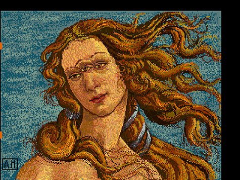 In this digital recreation of Botticelli’s Birth of Venus, a young woman with long, blonde hair flowing around her face is pictured against a blue background. The image is cropped so that only the woman’s head and shoulders are visible. The lines and colors are highly pixelated, and a between the woman’s eyes a third eye has been added.