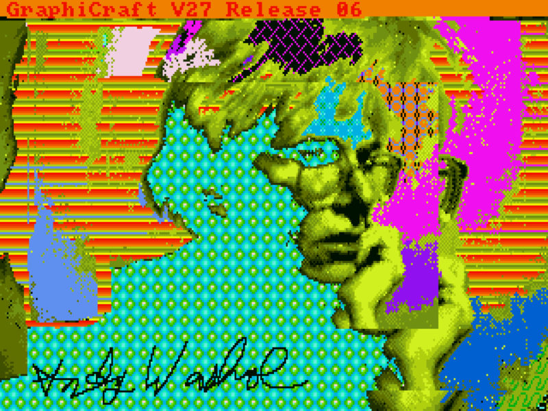 Andy Warhol's face, digitally abstracted against a multi-colored patterned background.