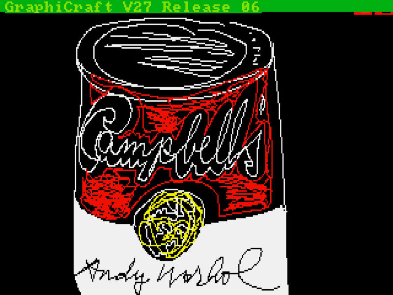 A digital work depicting Andy Warhol’s signature Campbell’s soup can against a black background.  The top of the can features the name Campbells in white, hand drawn cursive script. The top half of the can has been filled in with red lines, but the black of the background peaks through. The bottom of the can is solid white with Andy Warhol’s signature in black, and a gold and white medallion is centered between the red and white color blocks. At the top of the image, a green bar that reads GraphiCraft V27 Release 6 identifies the software with which the image was created.
