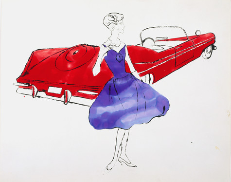 A blotted line drawing of a sophisticated woman in a knee-length party dress which has been colored in with purple watercolor paint. Behind her is a red convertible, facing away from the viewer.