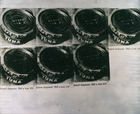 A grid of two rows of four black-and-white images depicting cans of tuna with varying degrees of shadow obscuring the image. The bottom right image is missing. Under the images is part of a headline that reads, “Seized shipment: Did a leak kill....”