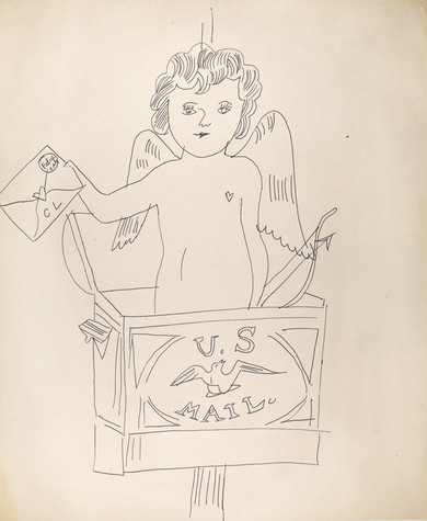 A drawing in black, ballpoint pen of a naked cupid with wings and curly hair holding an envelope with the initials C L on it. There is a bow and arrow to the right of the cupid and he is standing in a box that opens from the top. The box says U.S. Mail and has an eagle on the front. The box is on some sort of stand.