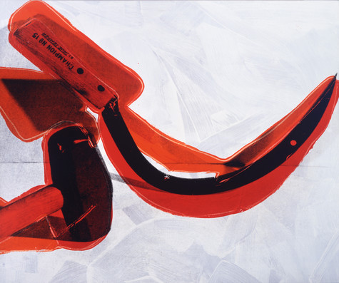 In this screen print, a hammer enters the frame from the left side of the image. A sickle is situated in the middle of the frame, and both tools are highlighted with red paint. In the background, white brushstrokes are visible. Short, one-sentence description: