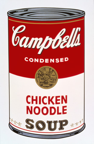 An image of a Campbell’s soup can. The label of the tin can is divided in the middle, the top half being red and the bottom white. The name Campbell’s appears in white script on the top half of the label, and chicken noodle appears in red text on the bottom.