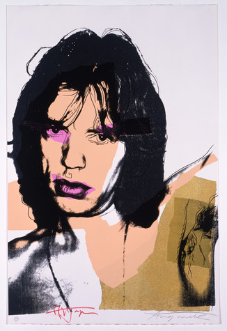 A screen printed portrait of Rolling Stones singer Mick Jagger. Jagger gazes intently forward, his left arm extended outside of the frame. His underarm is painted mustard yellow, and a patch of peach paint covers the shoulder of his raised arm and his face. His lips, right eye, and left eyebrow are highlighted with hot pink.