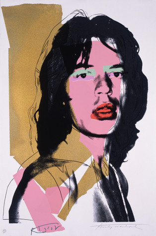Rolling Stones singer Mick Jagger faces forward, lips open, with his body turned toward the right side of the image. A large strip of mustard-colored paint takes up the left side of the image, and Jagger’s face is painted pink. His lips are highlighted with red paint, and his eyes are covered with two color blocks—a pale blue rectangle over a lavender rectangle.