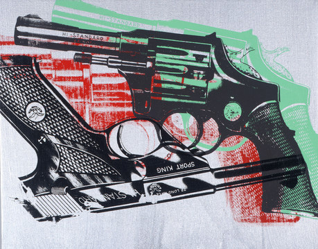 A screen print depicting several overlapping guns. Against a silver background, a black hi-standard revolver points to the left side of the piece. A pale green copy of the image is slightly offset to its right, and a bright red copy is slightly to its left. Interlocked with the images of the revolver is an upside down black hi-standard pistol facing to the right of the image.