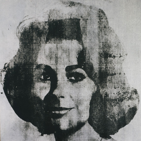 A screen print of actress Elizabeth Taylor in black ink on a silver background. The black ink has been applied lightly so that patches of the background come through in what would ordinarily be solid areas of the print.