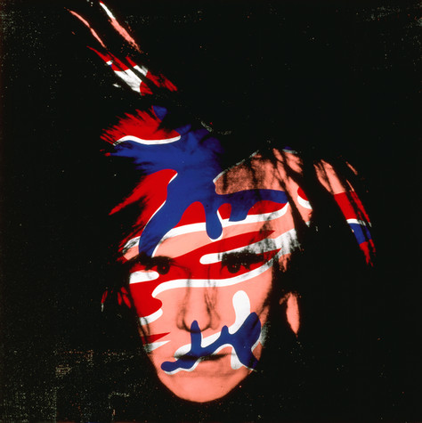 A high contrast image of Andy Warhol's face, his hair sticking up in several different directions, printed in black ink over a red, white, blue, and pink camouflage design.