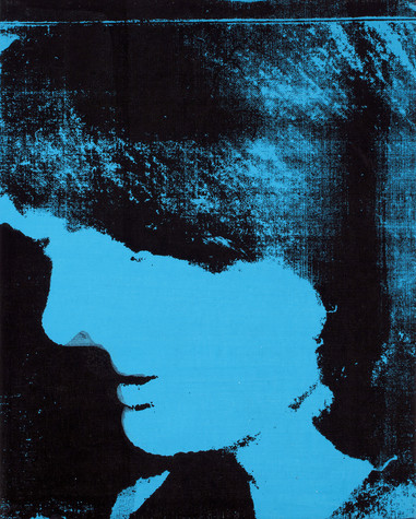 A blue silkscreen print of Jackie Kennedy in profile, looking to the bottom left corner of the image with her hair obscuring her eyes.