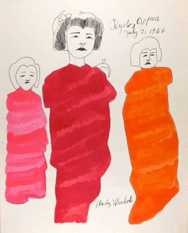 In this line drawing, Warhol depicts three women each wearing kimono-like garb and sporting hairdos styled like a geisha’s. The kimonos are painted with bright pink and orange watercolor. The words “Kyoto, Japan, July 3, 1956” are written in curlicue script.