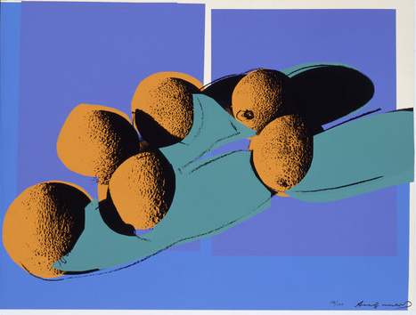 This screen print depicts six orange cantaloupes scattered across the image from the bottom left to the top right. Their shadows are green and stretch toward the right edge of the image. The background is blue, and two large, purple rectangles appear behind the fruit, taking up the majority of the negative space.