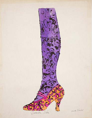 A watercolor painting of a leg from the knee down that is purple in color with designs painted in black. The foot of the leg is in a high heel shoe that is yellow with pink designs on it and a pink strap on the top. December Shoe is written in cursive writing below the shoe and Andy Warhol's signature is in the bottom-right corner.