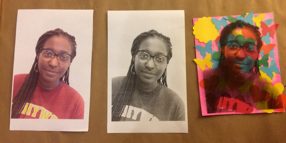 Three images lined up on a piece of brown butcher’s paper. The first is a full color photograph of an African-American female student with glasses. The second is a black and white copy of the same photograph. The third is a collage featuring the same image of the student in an acetate layered over a pink construction paper background and multi-colored construction paper shapes.