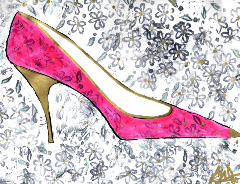 An example of a student's rubber stamping activity which features a hot pink high-heeled shoe with a gold heel and tip. The shoe and the background have been stamped with flower designs.