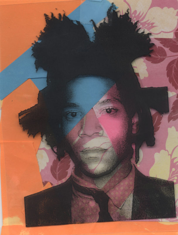 A high contrast image of Jean-Michel Basquiat has been printed on a piece of acetate and placed over a collage of paper that is orange, blue, and pink with leaf design on it.